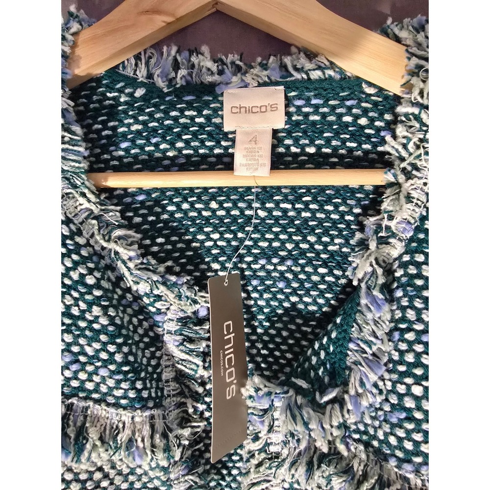 Chico's Pacific Teal Fringe Tweed Cardigan Jacket Knit Women's Size 4 - Picture 5 of 10